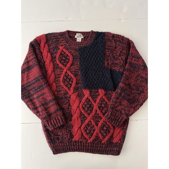 VTG SOH Chunky Sweater Men S Red Blue Cable Knit Cabincore Grandpa Handmade - Picture 1 of 8